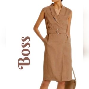 Boss Womens Career Dress Sz 14 Faux Wrap Linen Blend Pockets Lined Beige Belted